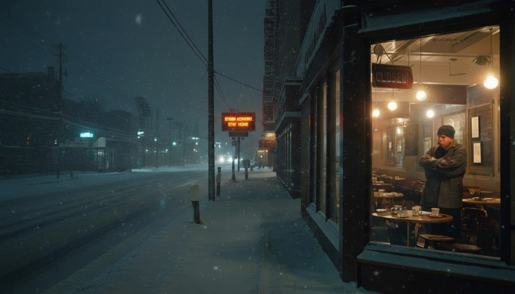 Heavy snow is set to begin tonight as authorities urge drivers to stay home, while businesses accuse officials of harming a economy