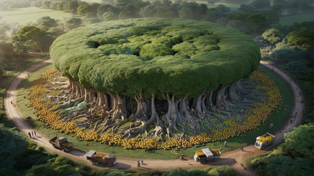 It looks like a forest, but it’s a single tree: it covers 8,500 square meters, is 20 meters tall, and produces 80,000 fruits per harvest.